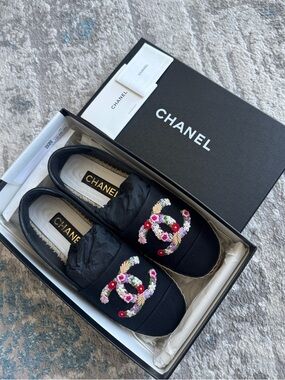 Chanel Black Espadrilles with Embroidered Floral CC